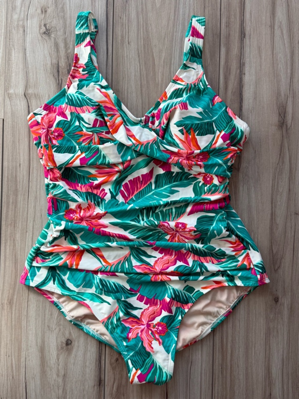 Kona Sol Tropical Floral Ruched One Piece Swimsuit Size XL (16)